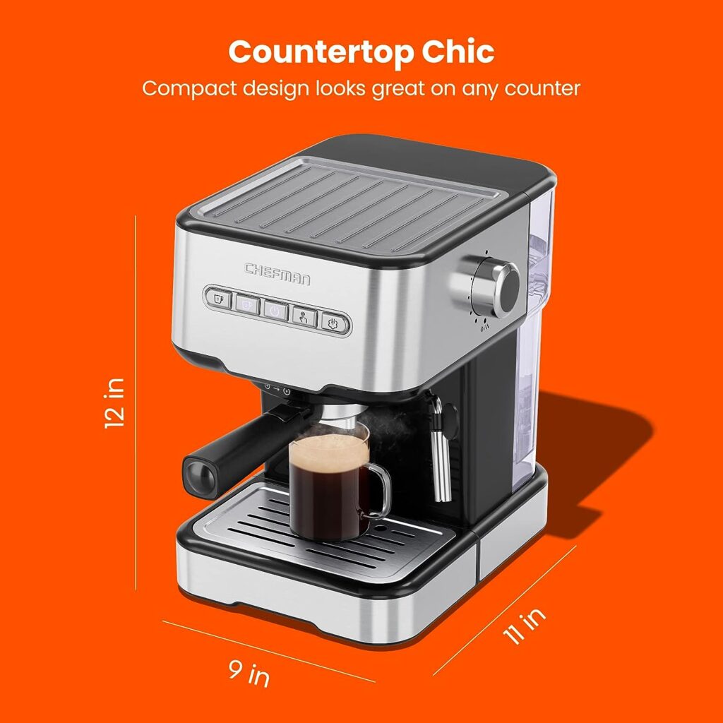 Chefman 6-in-1 Espresso Machine with Steamer, One-Touch Single or Double Shot Espresso Maker, Coffee Maker, Cappuccino Machine, Latte Maker, Built-In Milk Frother Coffee Machine, Stainless Steel