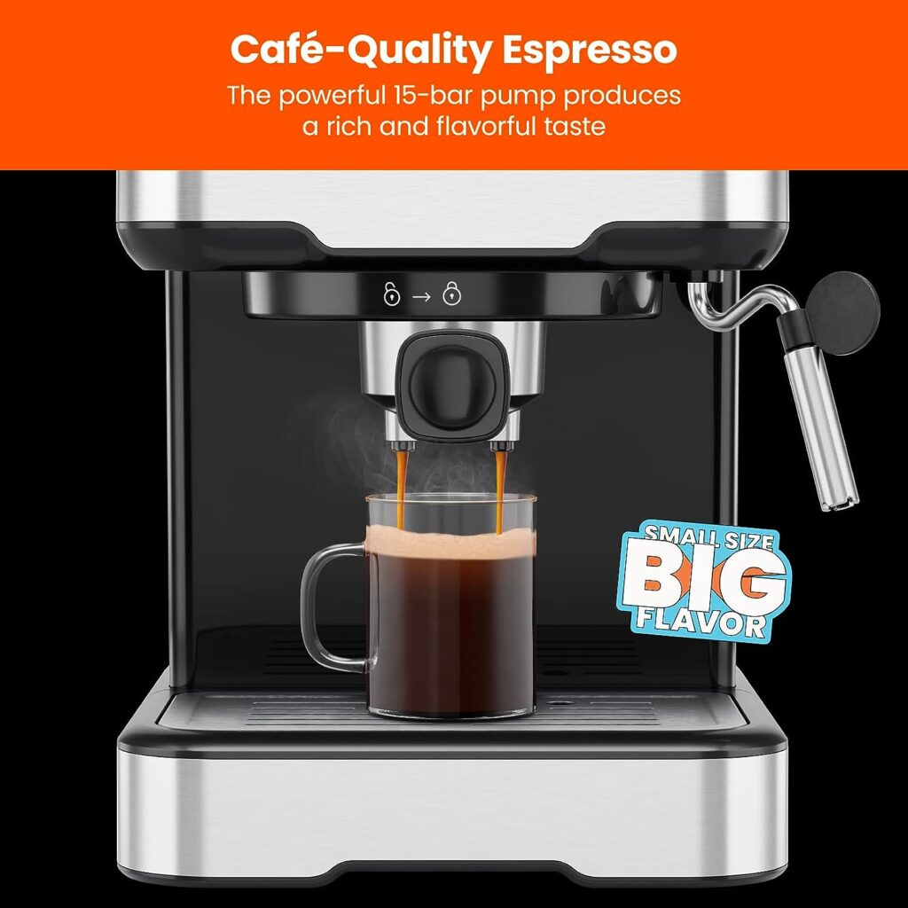 Chefman 6-in-1 Espresso Machine with Steamer, One-Touch Single or Double Shot Espresso Maker, Coffee Maker, Cappuccino Machine, Latte Maker, Built-In Milk Frother Coffee Machine, Stainless Steel