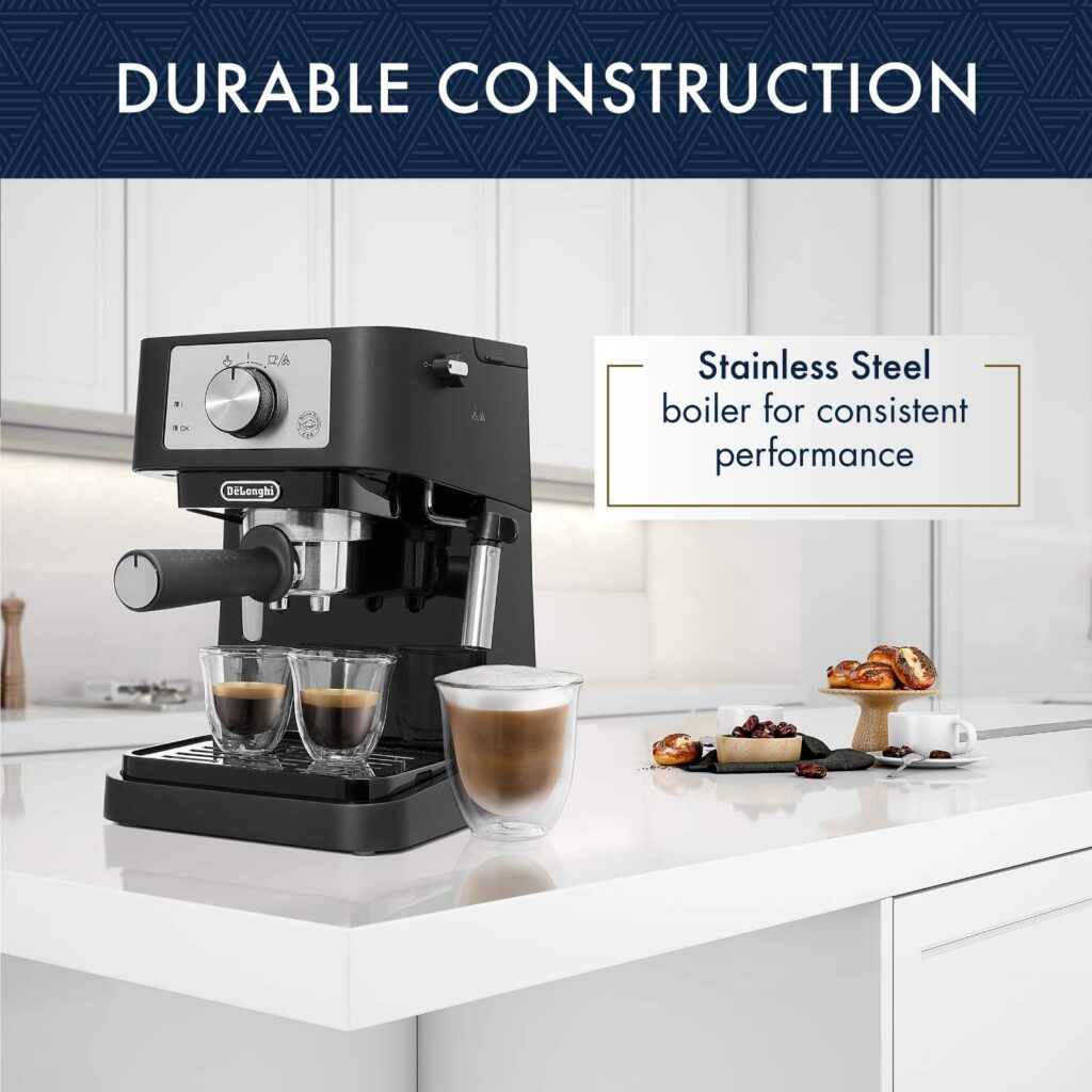 DeLonghi Stilosa Manual Espresso Machine, Latte  Cappuccino Maker, 15 Bar Pump Pressure + Milk Frother Steam Wand, Black / Stainless, EC260BK, 13.5 x 8.07 x 11.22 inches