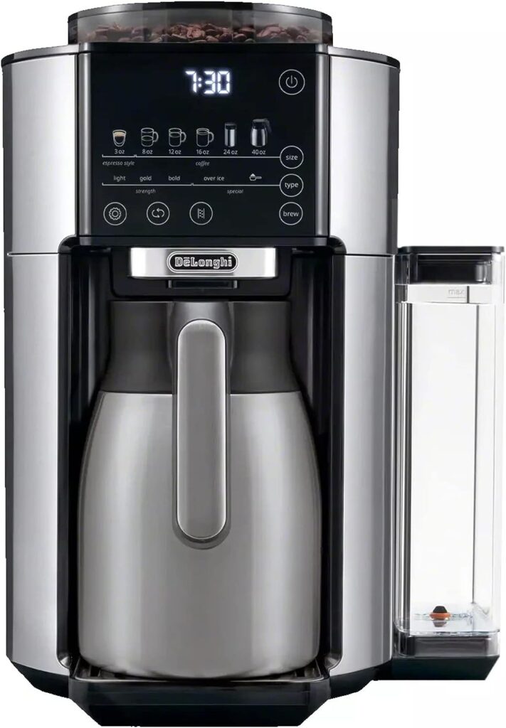 DeLonghi TrueBrew Drip Coffee Maker, Built in Grinder, Single Serve, 8 oz to 24 oz with 40 oz Carafe, Hot or Iced Coffee, Stainless,CAM51035M