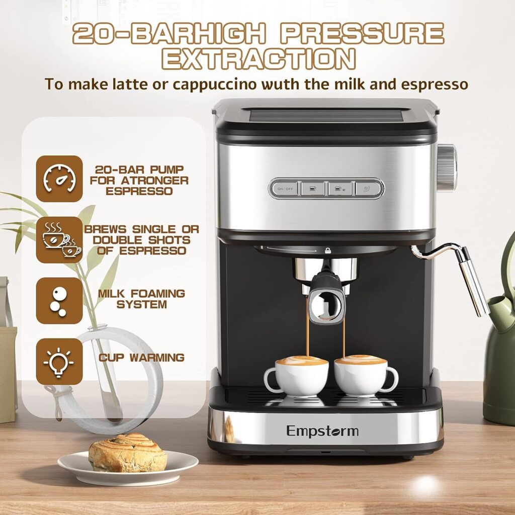 Empstorm Espresso Machine 20 Bar,Espresso Coffee Maker with Milk Frother Steam Wand,Semi-Automatic Espresso Machine with 1.5L/50oz Removable Water Tank for Latte,Cappuccino