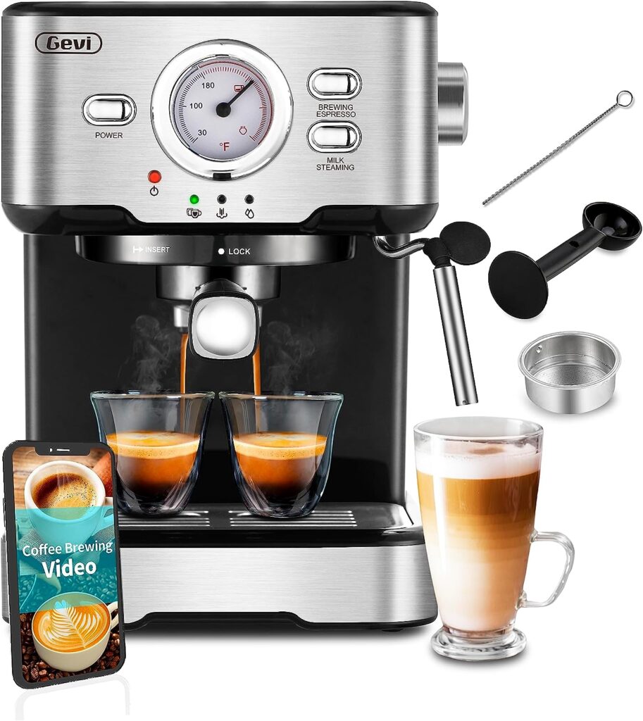 Gevi Espresso Machine 15 Bar Pump Pressure, Cappuccino Coffee Maker with Milk Foaming Steam Wand for Latte, Mocha, Cappuccino, 1.5L Water Tank