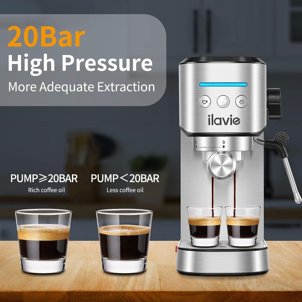 ILAVIE Espresso Machines with Steamer, 20 Bar Pump Espresso and Cappuccino latte Maker, Espresso Machine Easy to Use for Home Barista, 1350W, Stainless Steel