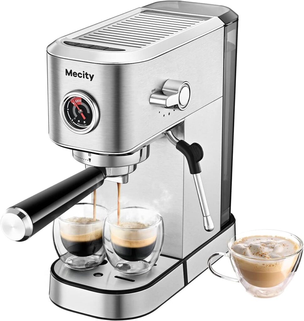 Mecity 20 Bar Espresso Machine, Professional Cappuccino Maker with Milk Frother Steam Wand, Brushed Stainless Steel Coffee Machine 37 Oz Removable Water Reservoir, 1350W
