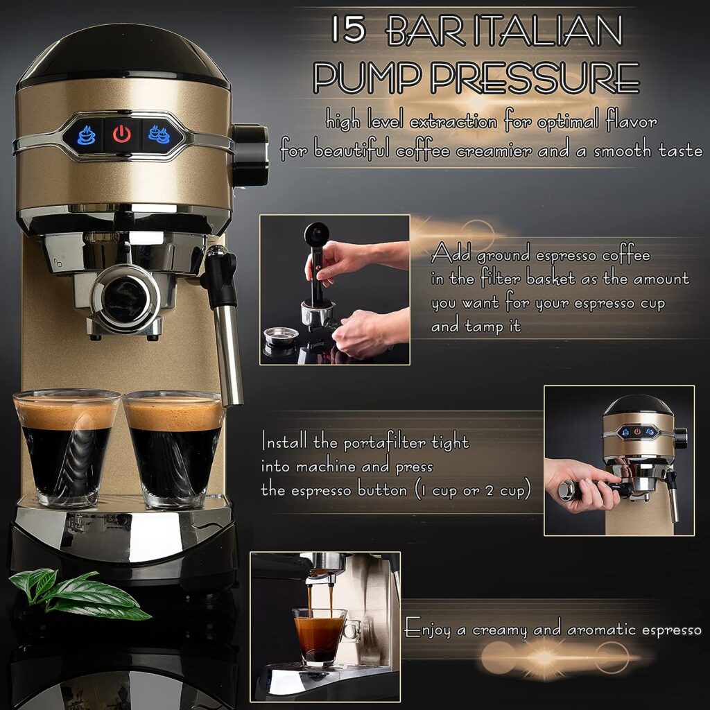 Mixpresso Espresso Maker, 15 Bar Espresso Machine With Milk Frother, Fast Heating Automatic Espresso Machine, Steam Wand For Latte and Cappuccino 37 Oz Removable Water Tank, 1450W Coffee Maker (Gold)