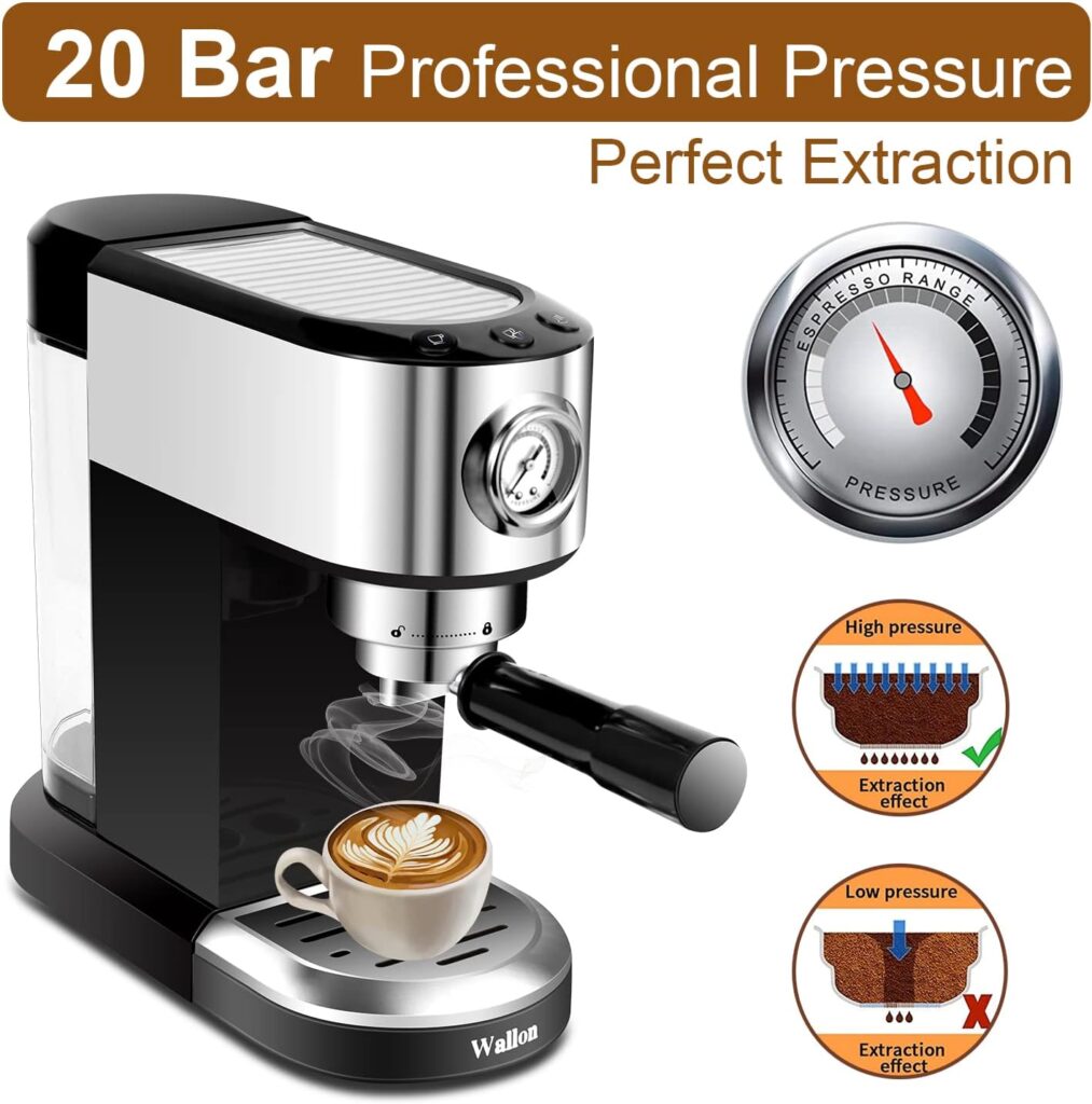Wallon 20 Bar Espresso Machine with milk frother, Espresso, Cappuccino, Latte, Machiato Maker, For Home Barista, 1.4L Water Tank