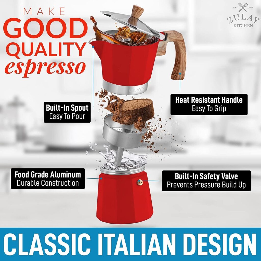 Zulay Classic Stovetop Espresso Maker for Great Flavored Strong Espresso, Classic Italian Style 3 Espresso Cup Moka Pot, Makes Delicious Coffee, Easy to Operate  Quick Cleanup Pot (Red)