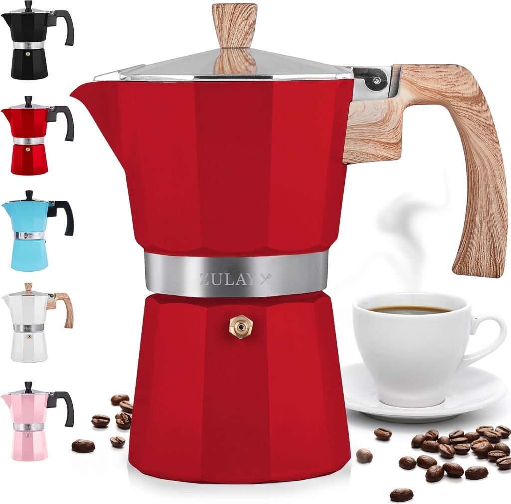 Zulay Classic Stovetop Espresso Maker for Great Flavored Strong Espresso, Classic Italian Style 3 Espresso Cup Moka Pot, Makes Delicious Coffee, Easy to Operate  Quick Cleanup Pot (Red)